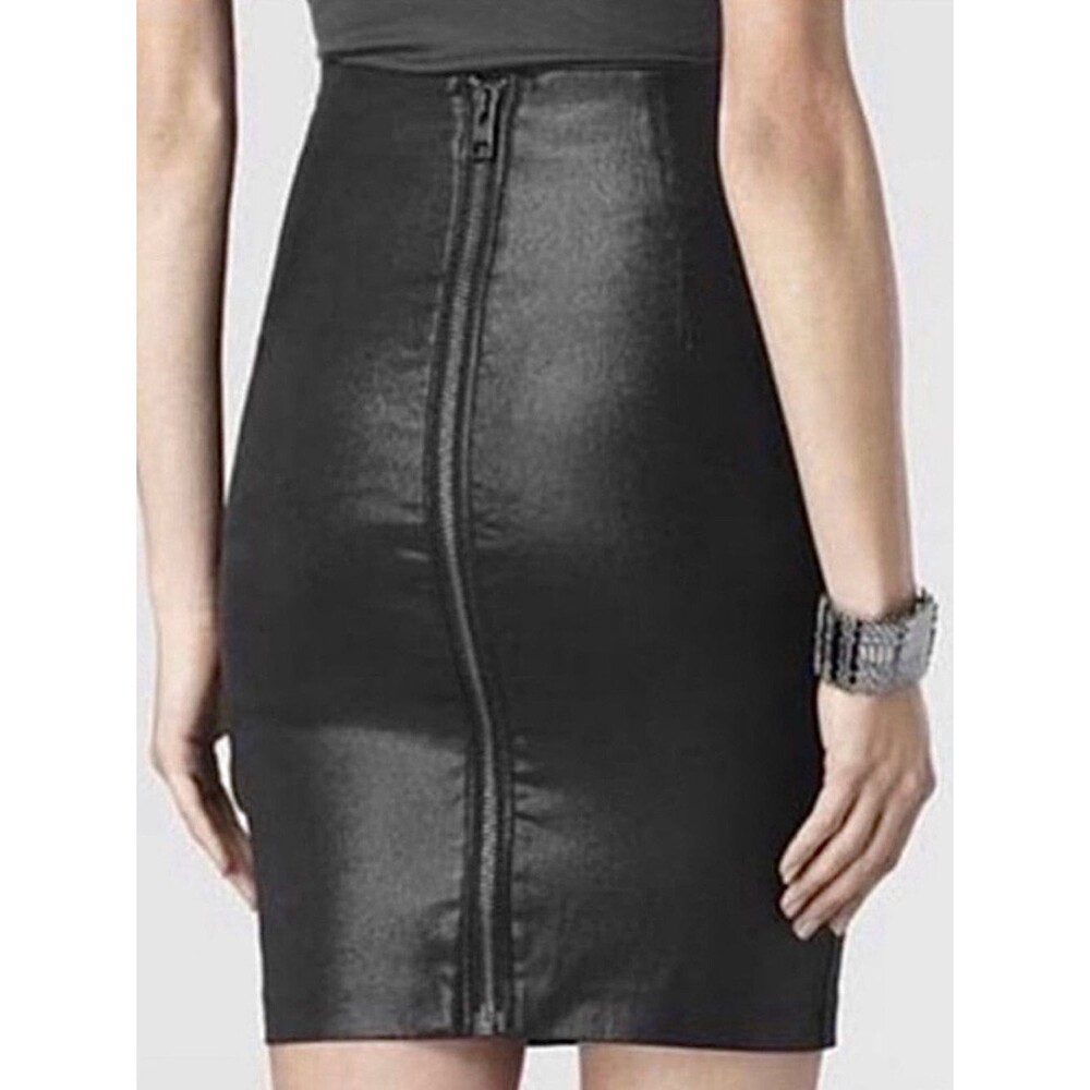 AllSaints Black Coated Denim Pencil Skirt Zipper Detail Size 8 US Moto Designer